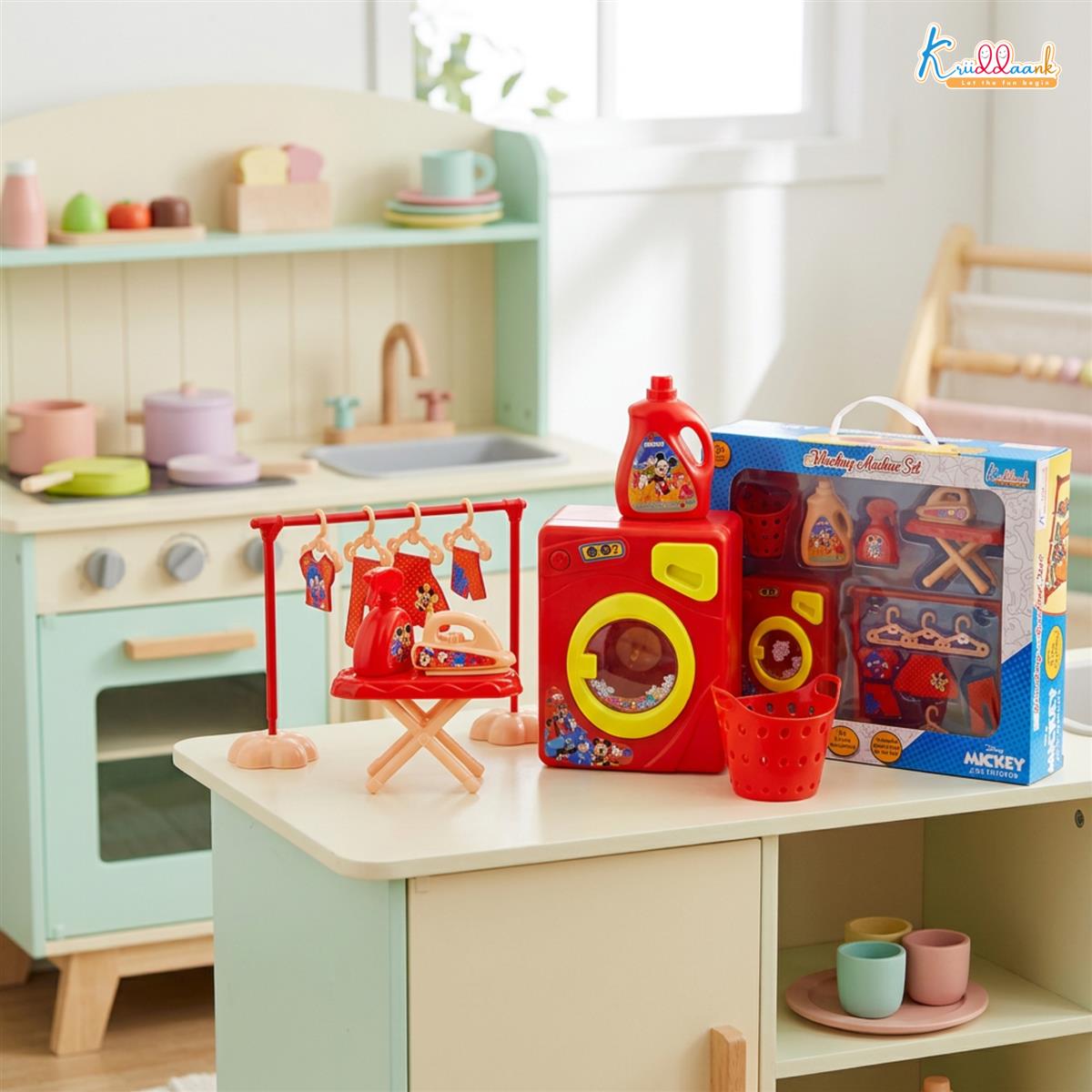 Kriiddaank Disney Mickey Washing Machine Set - 15 Pcs Kids Pretend Play Home Appliances with Music & Accessories - Educational Housekeeping Laundry Toy for Boys & Girls 3+ Years