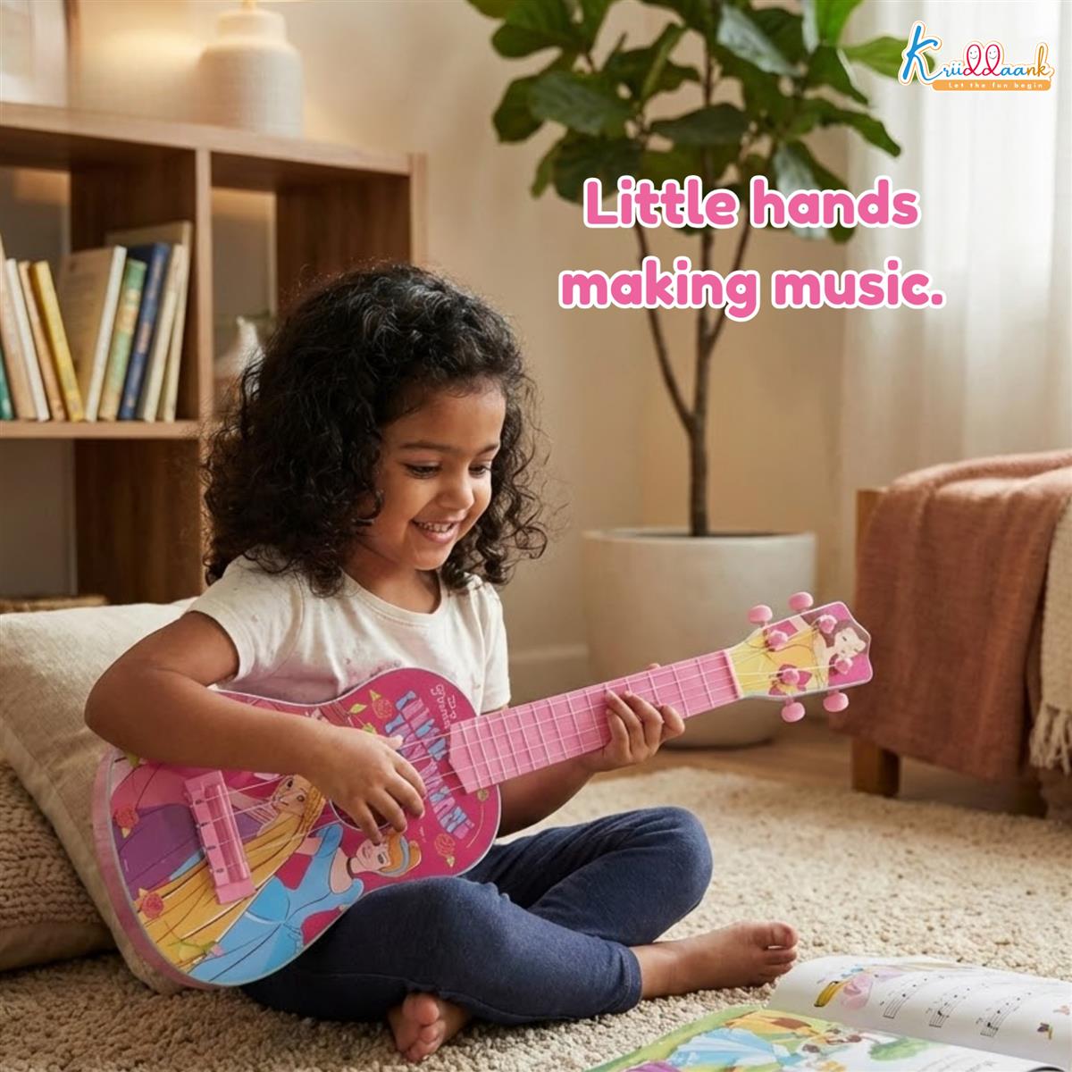 Disney Princess Theme Big Guitar Toy for Girls - 4-String Pink Musical Instrument for Kids Age 3+, Educational & Interactive Play, Perfect Birthday Gift for Little Musicians (57 cm)