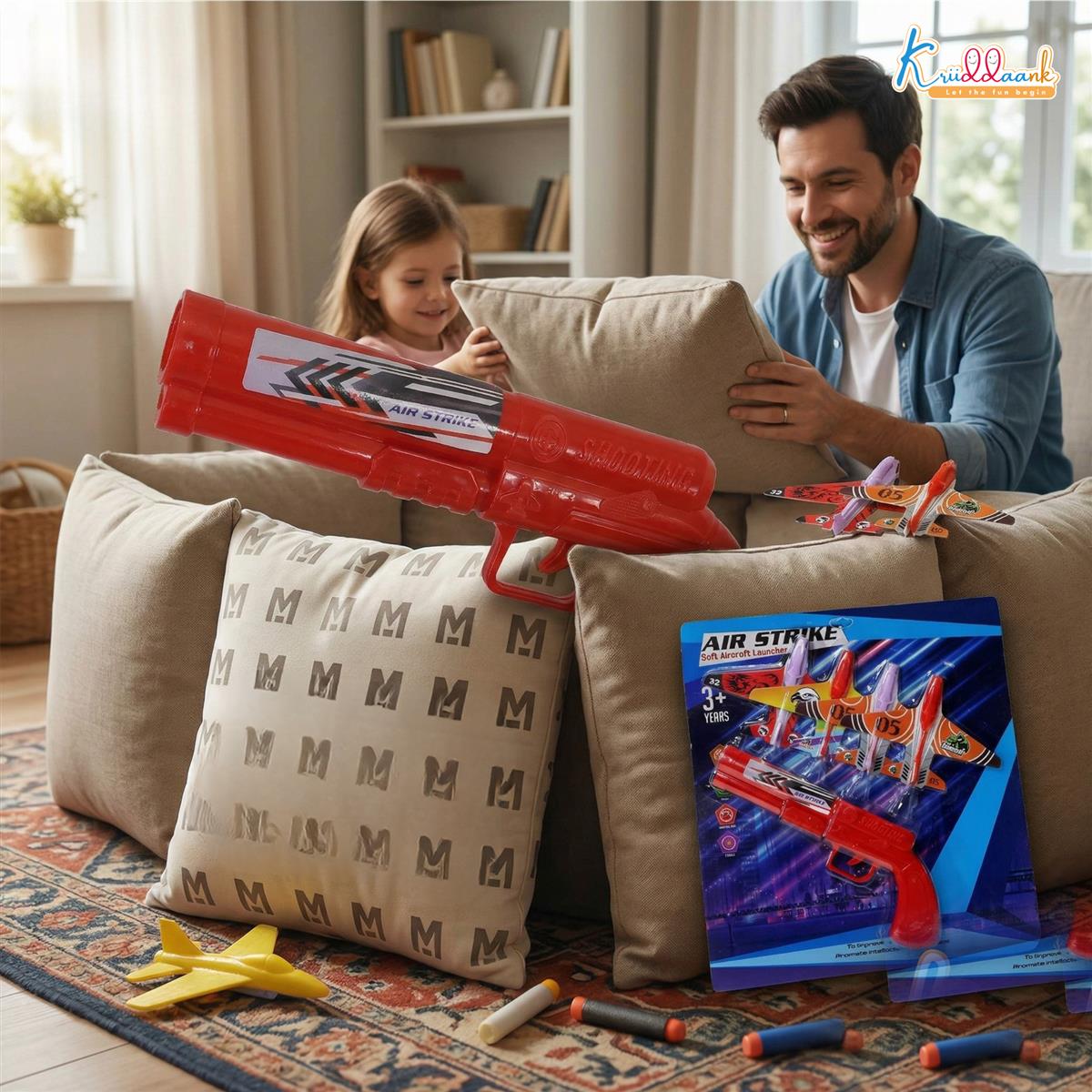 Kriiddank Soft Aircraft Launcher Toy - Includes 4 Foam Glider Planes - Blue Manual Catapult Gun for Kids 3+ Years - Safe & Educational Outdoor Flying Toy