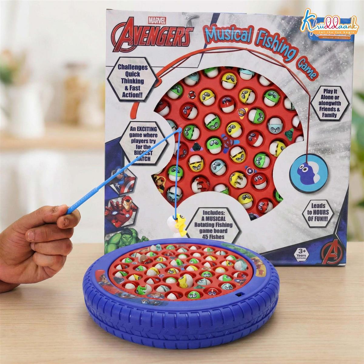 Avengers Musical Fishing Game for Kids - Electronic Rotating Board with 45 Fishes & 4 Poles, Battery Operated Interactive Educational Toy for Boys & Girls Age 3+ Years (Red Ocean Theme)