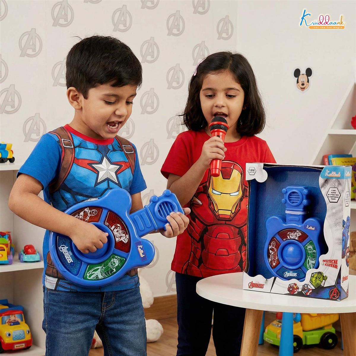 Marvel Avengers Theme Mini Guitar Music Set for Kids - Pocket Sized Musical Toy with 4 Interactive Sound Buttons & Lights, Educational Superhero Toy for Boys & Girls Ages 3+, Red & Durable