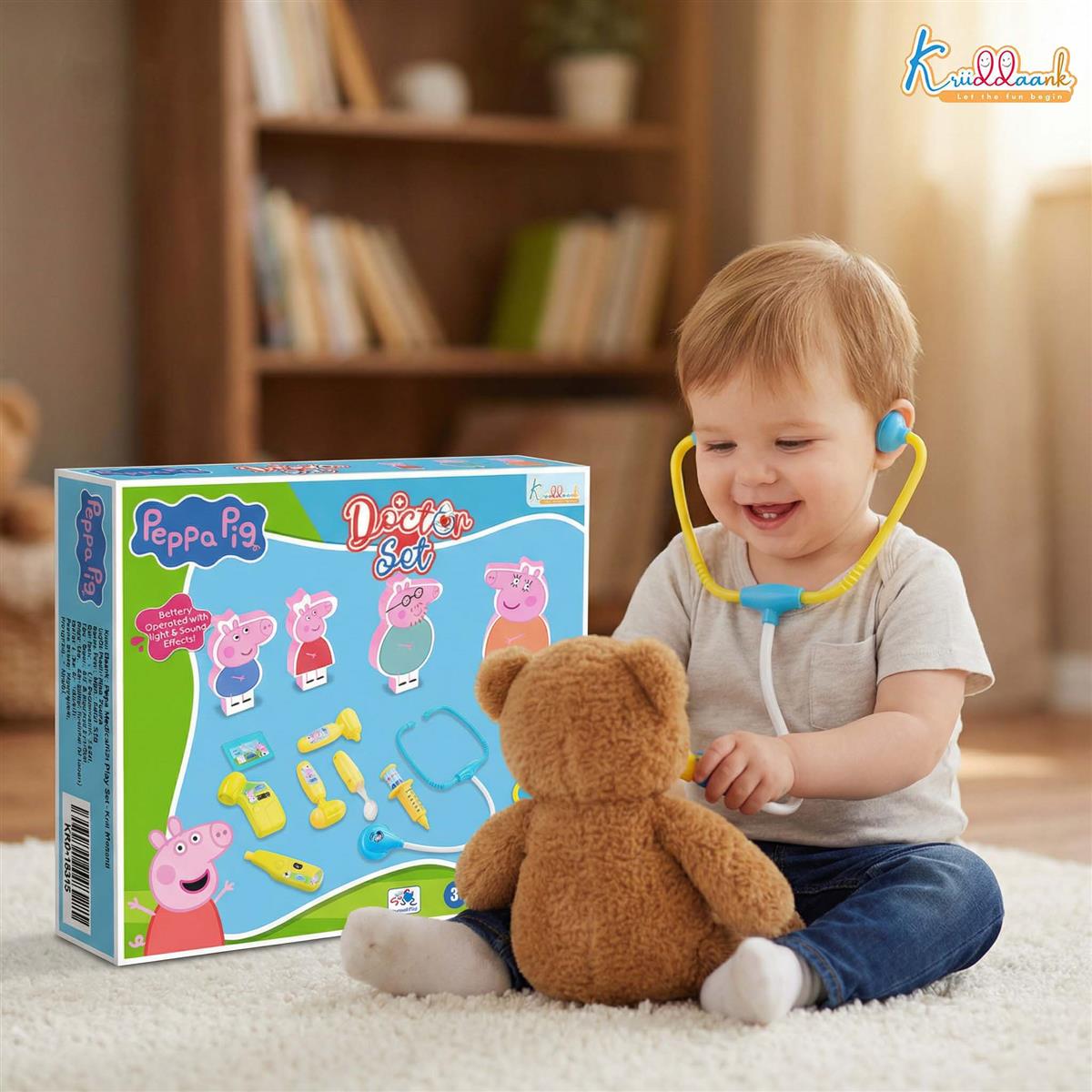Kriiddaank Peppa Pig Medical Playset with 2D Family Figures, Doctor Kit for Kids Ages 3+, 12 Pcs Toy Set with Stethoscope, Lights & Sound Effects, Educational Pretend Play for Toddlers