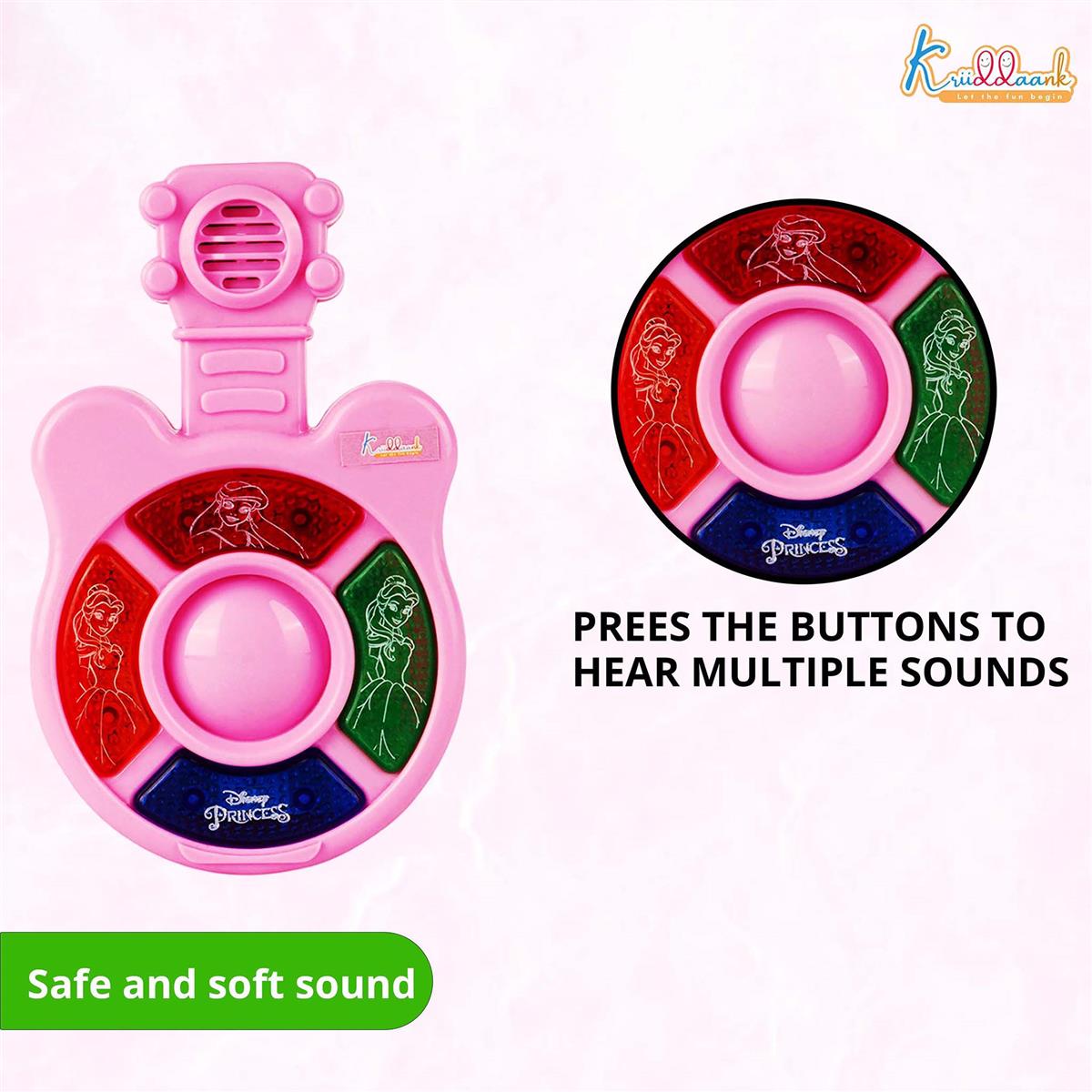 Disney Princess Mini Music Guitar for Kids - Portable Musical Instrument with 4 Buttons, Effective Sounds & Lights - Battery Operated Educational Toy for Toddlers & Girls 3+ Years Old - Pink