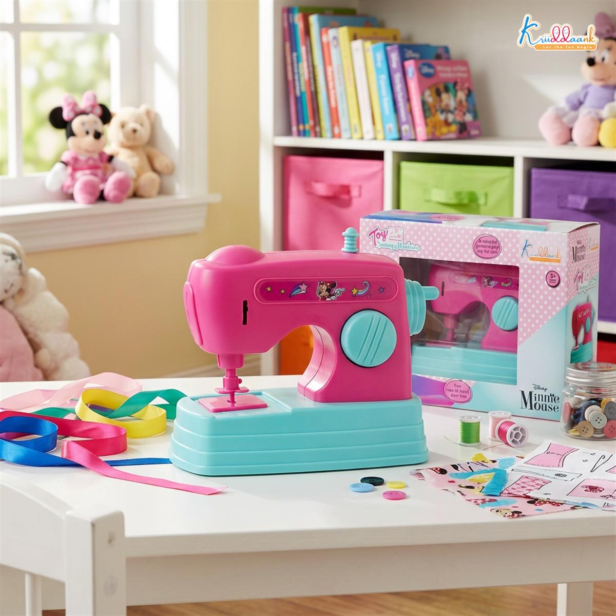 Kriiddaank Minnie Mouse Theme Mini Sewing Machine Toy for Kids 3+, Pink Educational Pretend Play Household Toy with Interactive Buttons, Battery Operated Role Play Toy for Girls