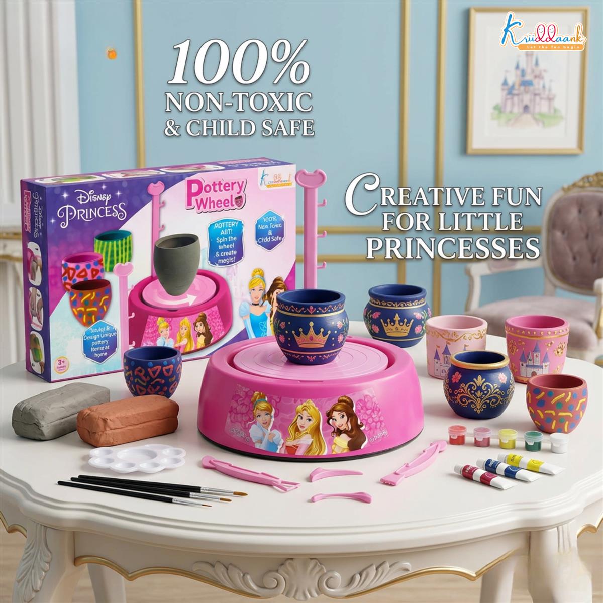 Disney Princess Theme Pottery Wheel Kit - Complete Fairy Tale Clay Art & Crafts Set with 800g Clay, 6 Acrylic Paints, Sculpting Tools & Music - Creative DIY Pottery Studio for Girls 8+ Years