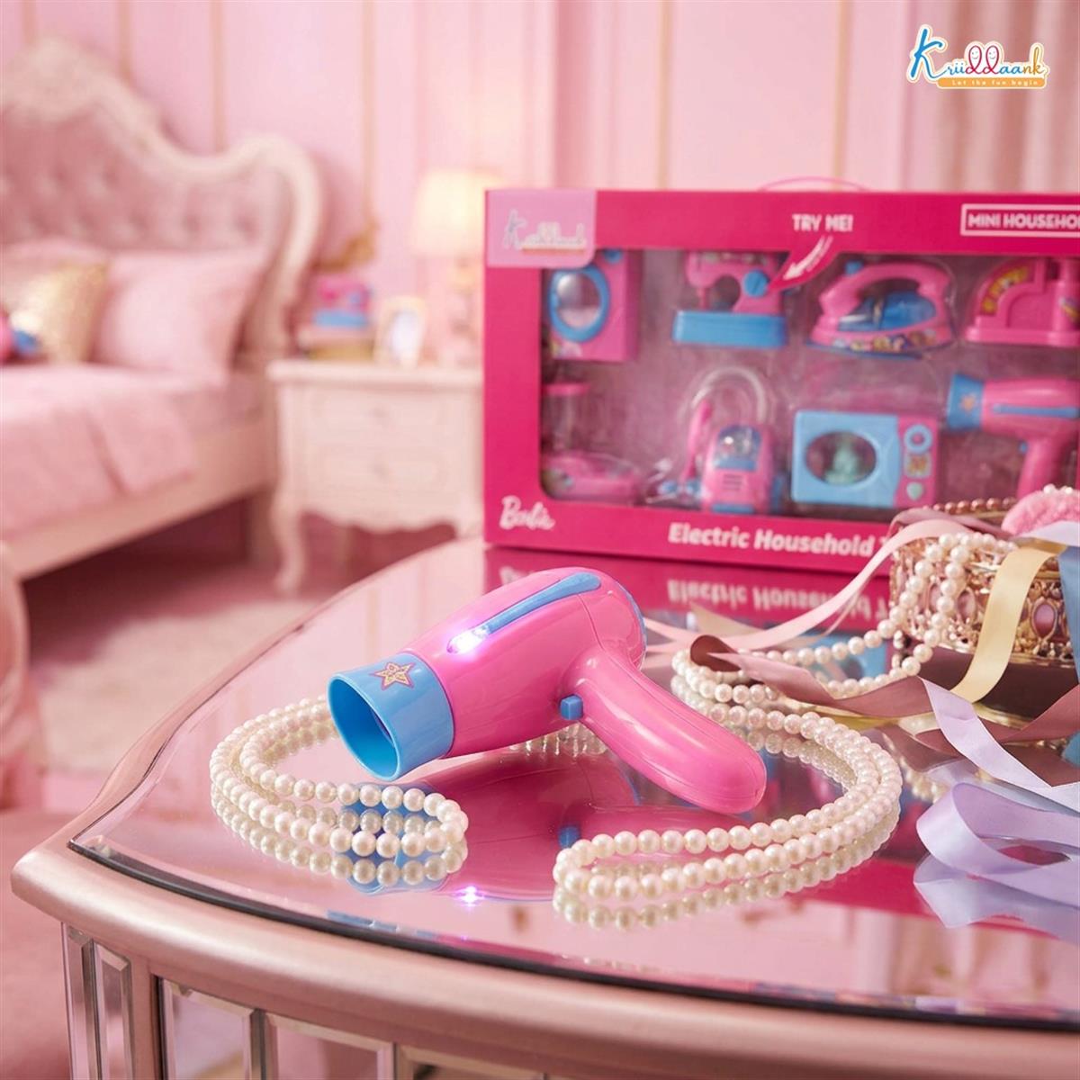 Mattel Barbie Theme Household Role Play Set (8pc) - Mini Toy Appliances with Washing Machine, Microwave & Vacuum Cleaner | Fun Educational Gift for Kids Ages 3+ | Signature Pink Collection
