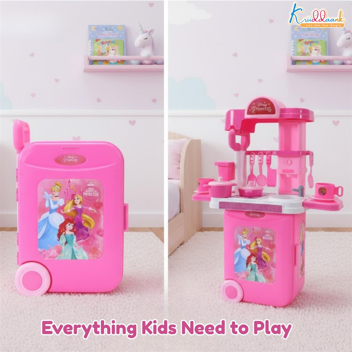 Kriiddaank Disney Princess Kitchen Set - 20 Pcs Portable Pretend Play Toy with Trolley Bag, Music & Lights, Cooking & Baking Playset for Girls Ages 3+, Pink