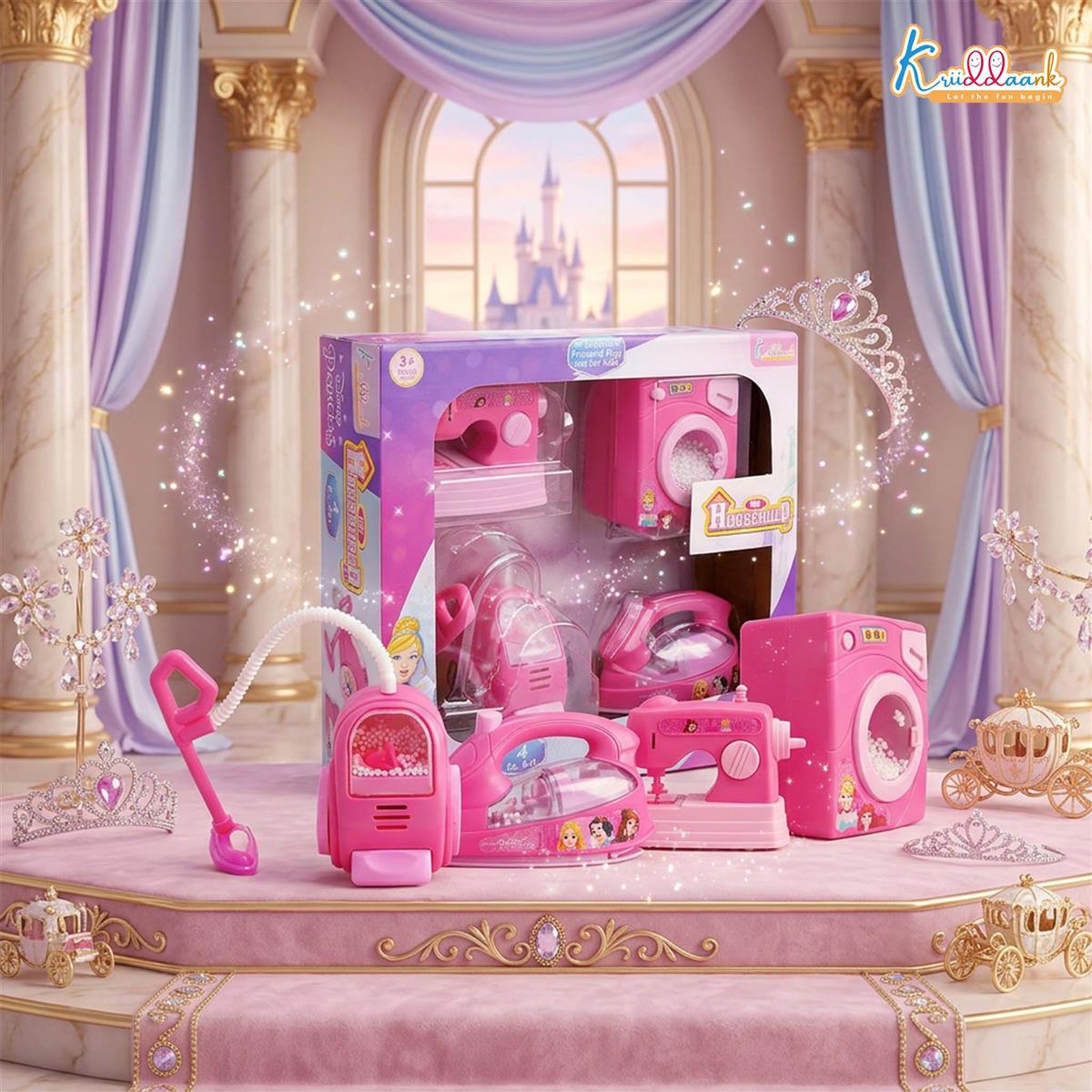 Disney Princess Theme 4pc Household Role Play Set - Includes Toy Washing Machine, Vacuum Cleaner, Iron & Hair Dryer - Educational & Fun Pretend Play Home Decoration Kit for Kids Ages 3+