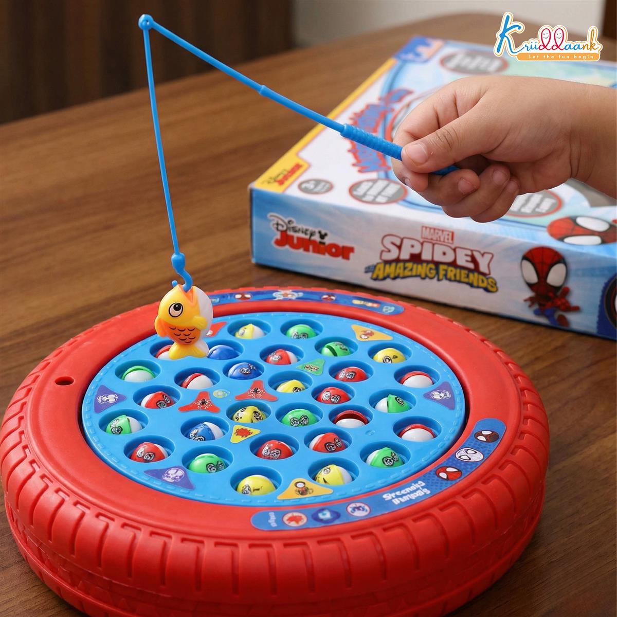 Kriiddaank Spiderman Theme Musical Rotating Fishing Game for Kids - Battery Operated Learning Toy with 45 Fishes & 4 Fishing Poles - Fun Interactive Educational Game for Boys & Girls, Age 3+