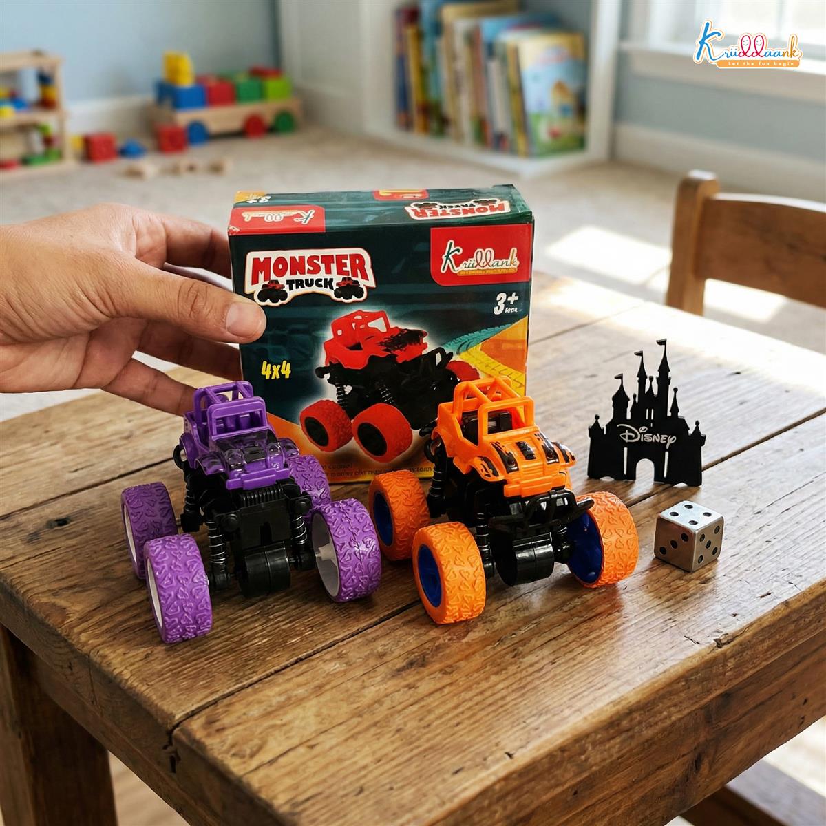 Kriddaank Pack of 2 4x4 Monster Truck for Kids - Friction Powered Stunt Cars with 360Â° Spin Action - 4WD Push and Go Toy Vehicles for Toddlers, Boys & Girls Aged 3-7 Years (Multicolor)