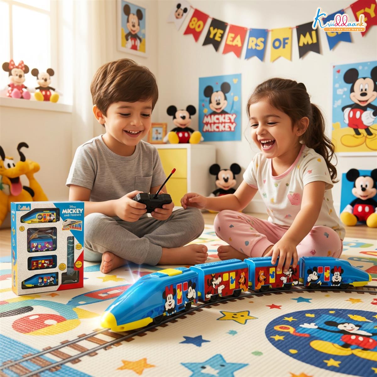 Kriiddaank Mickey Theme Remote Control Train Toy for Kids - Rechargeable EMU Express Train with LED Lights & Sounds, 4-Channel RC Railway Model, Disney Gift for Boys & Girls (Blue)