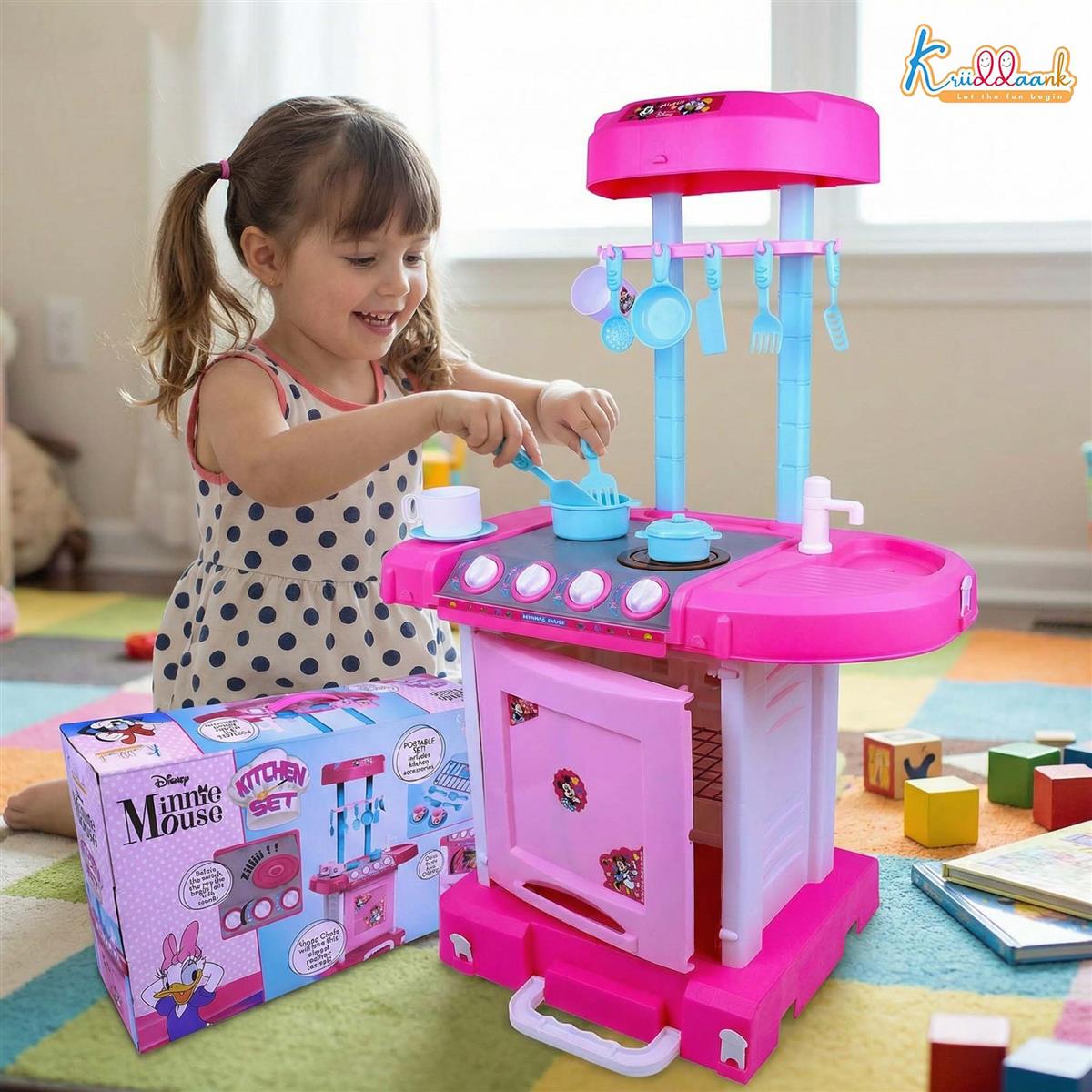 Kriiddaank Minnie Themed Kitchen Set for Kids - Disney Pretend Play Cooking Toy with Lights & Sound, Oven, Gas Stove, Sink & 18 Accessories, Pink Kitchen Playset for Girls 3+ Years