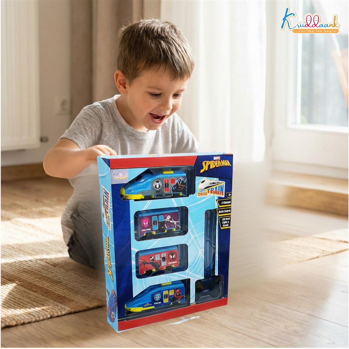 Kriiddaank Spiderman Theme RC Train Toy for Kids, Remote Control Rechargeable EMU Express Train with LED Lights & Realistic Sounds, Superhero Railway Toy for Boys & Girls (Blue)