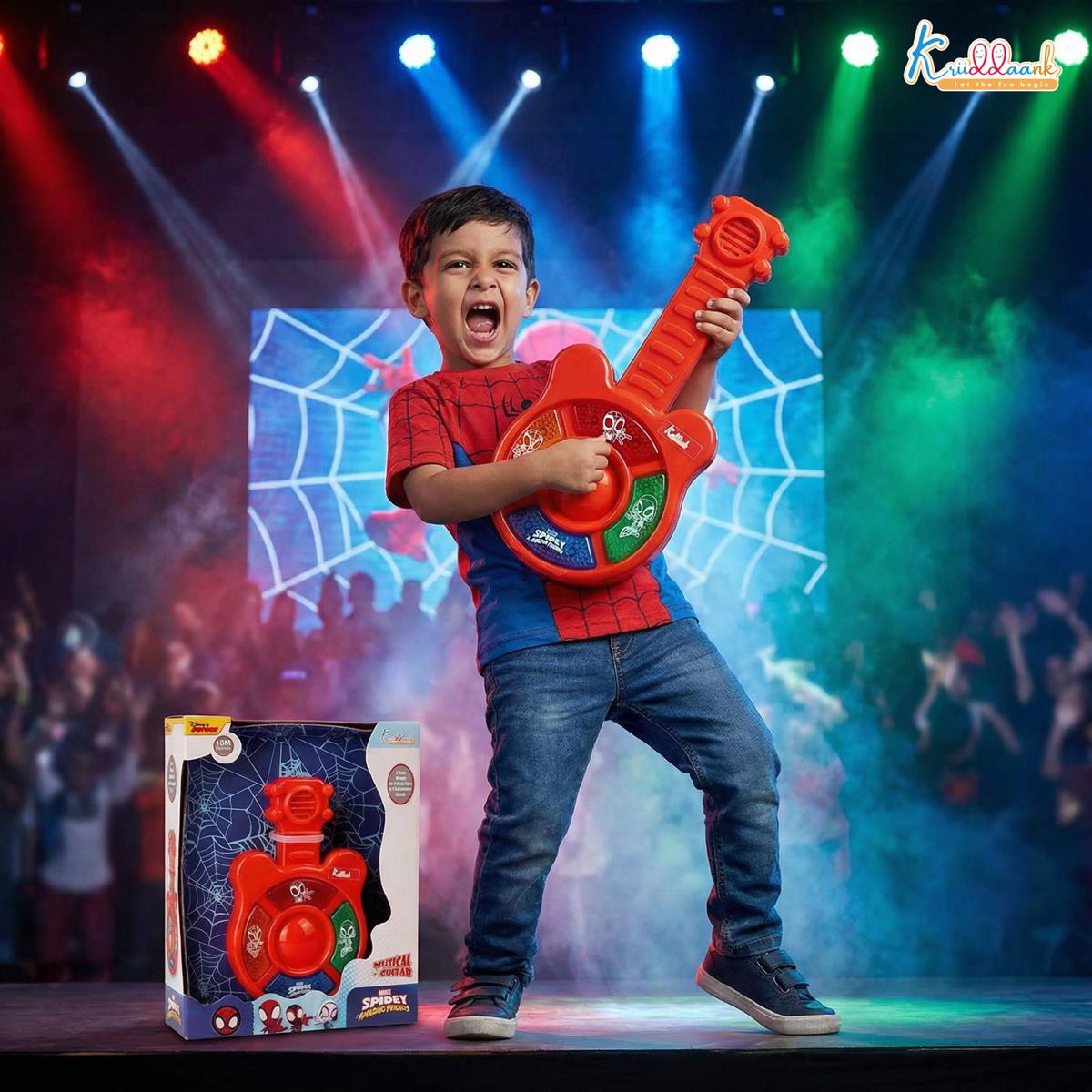 Spiderman Theme Mini Guitar Music Set for Kids - Battery Operated Toy with 4 Musical Buttons, Lights & Sound - Educational Musical Instrument Toy for Toddlers and Marvel Fans Age 3+