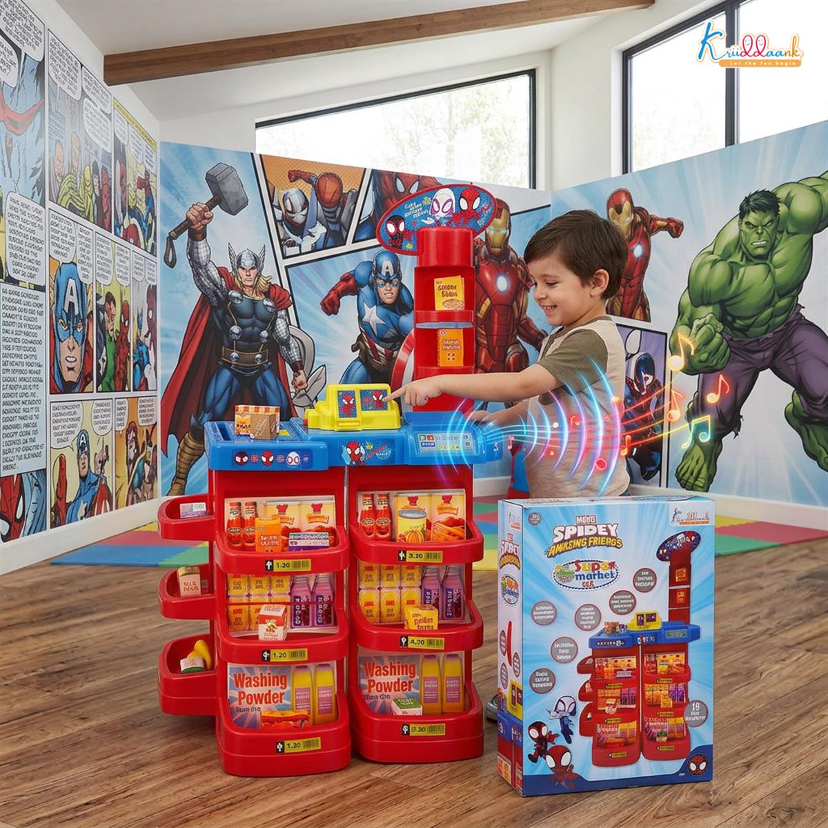 Spiderman Super Market Interactive Grocery Store Playset for Kids 5+ Years - Electronic Cash Register with Sound, Weighing Scale & 20 Shop Accessories - Marvel Avengers Pretend Play Toy, 91cm Tall