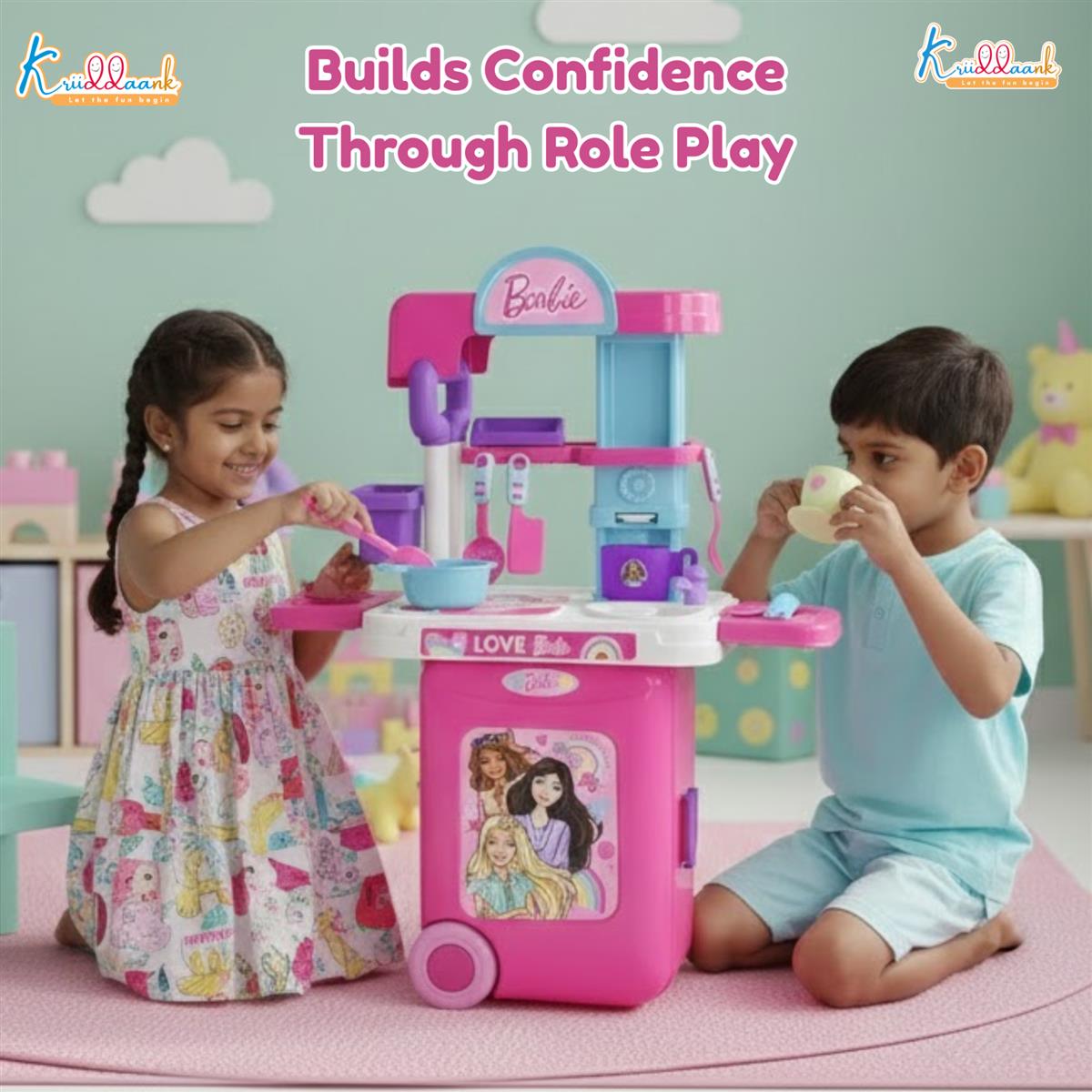 Kriiddaank Mattel Barbie Kitchen Set - Portable 2-in-1 Trolley Playset with Lights, Sound & 20 Accessories for Girls - Realistic Cooking & Baking Toy Gift for Kids 3+ Years