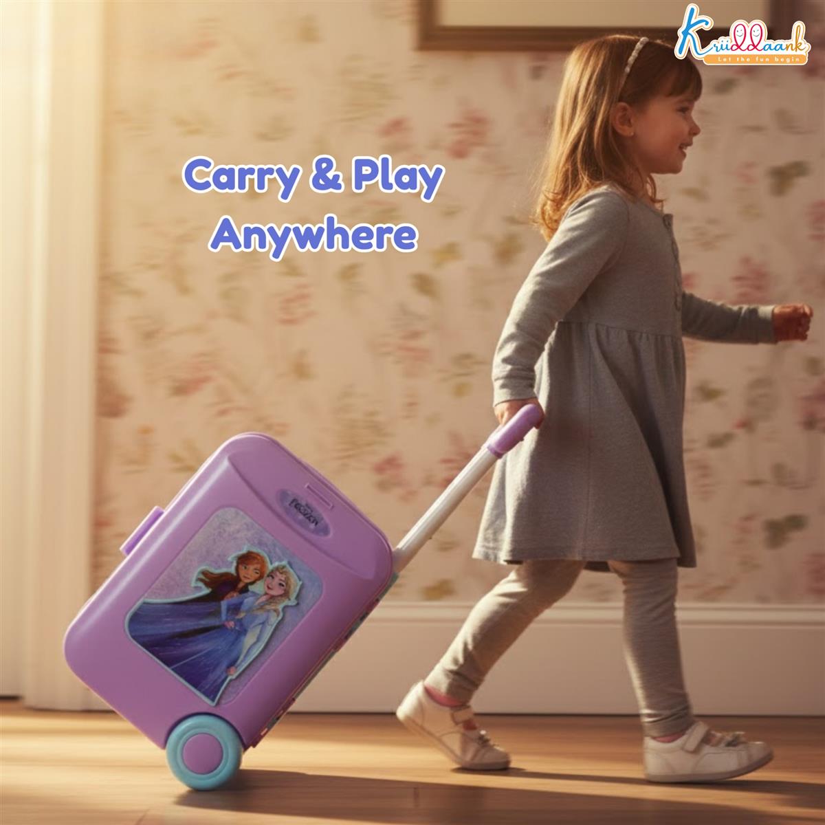 Kriiddaank Frozen Theme Kitchen Set for Girls - Elsa & Anna Inspired Portable 2-in-1 Playset with Trolley Bag, Lights, Music & 20 Accessories - Pretend Play Cooking & Baking Toy for Kids 3+ Years
