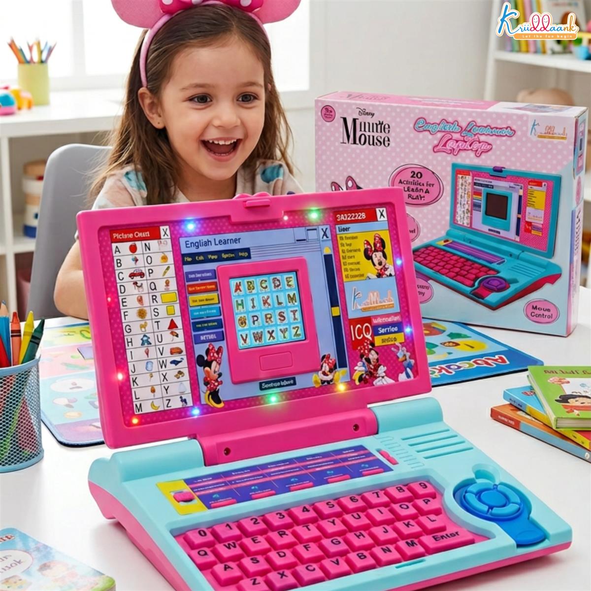Krriiddaank Minnie Theme Educational Laptop for Kids - 20 Learning Activities for 3+ Years Girls, Interactive Toy for Alphabet, Numbers, Math, Music & Logic - Pink (ISI Certified)