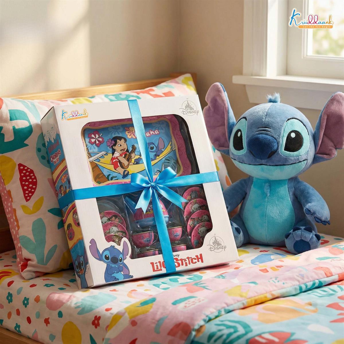 Stitch Kids Metal Tea Set - 14-Piece Pretend Play Tea Party Set with Teapot, Cups, Saucers & Serving Tray - Durable Tin Toys for Boys & Girls Ages 3+ Years - Perfect Gift for Stitch Fans