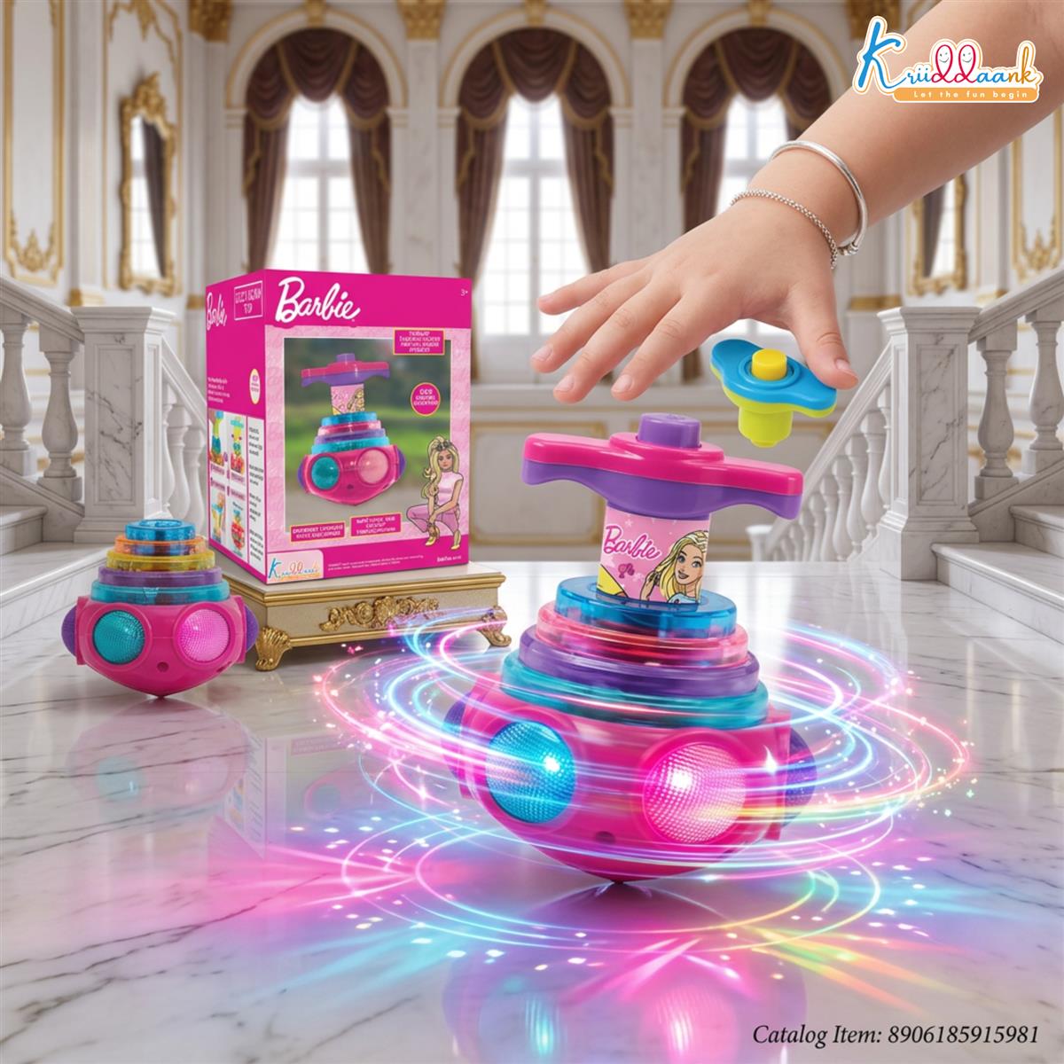 Dizzy Glow Top Barbie - Musical Spinning Top Toy with 360 Degree Rotation, Vibrant Flashing Lights & Sound Effects, Child-Safe Pink Battery Operated Toy for Kids 3+ Years Old