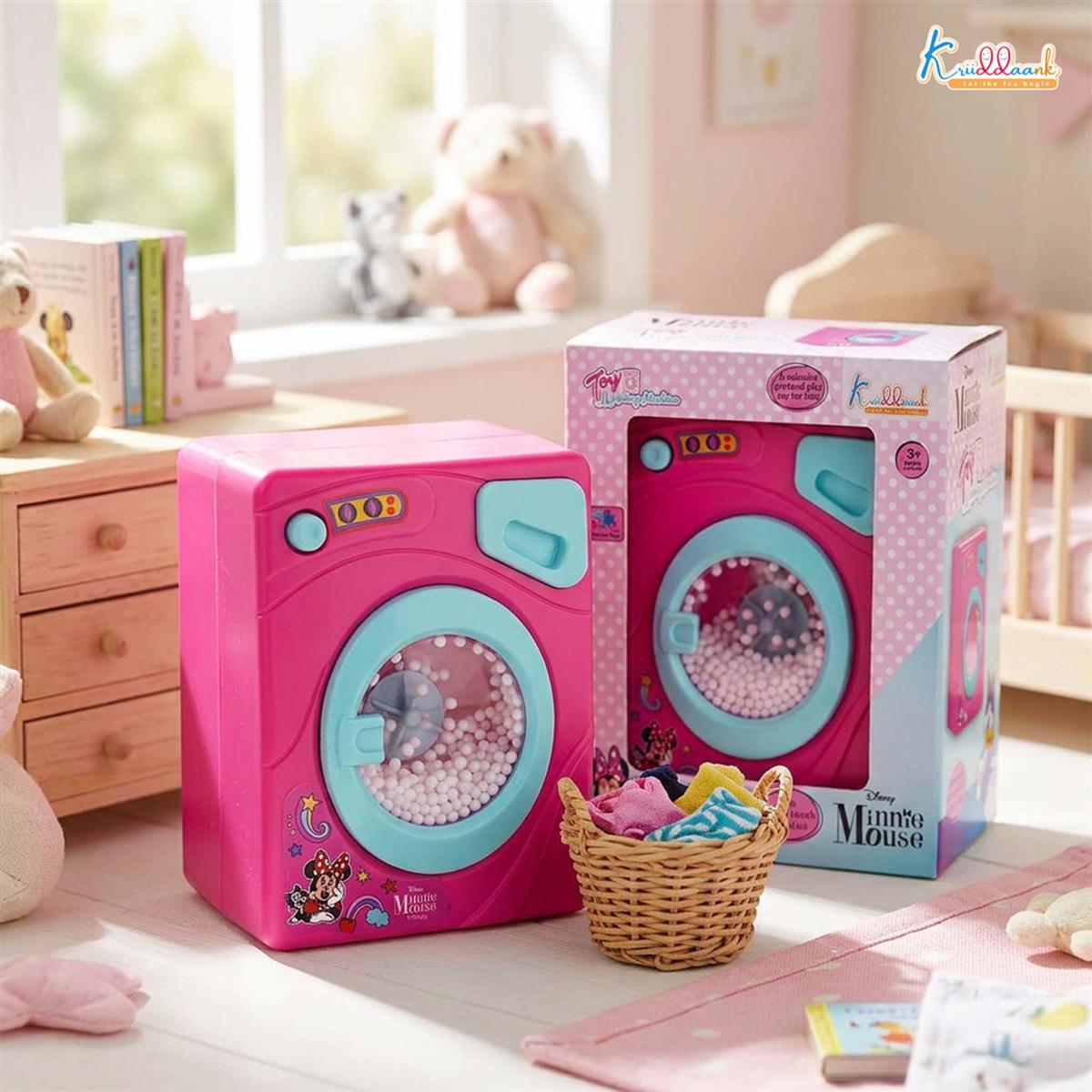 Minnie Theme Interactive Family Washing Machine Toy for Toddlers - Pink Mini Laundry Appliance with Light & Sounds, Educational Pretend Play Gift for Kids Aged 3+ Years