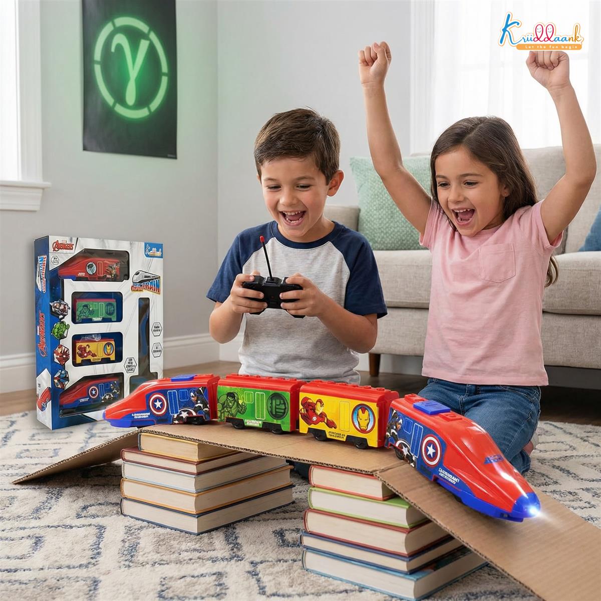 Kriiddaank Avengers Theme RC Train Toy for Kids - Rechargeable Remote Control EMU Express Train with LED Lights & Sound Effects, Superhero Railway Set for Boys & Girls 3+ Years (Blue)