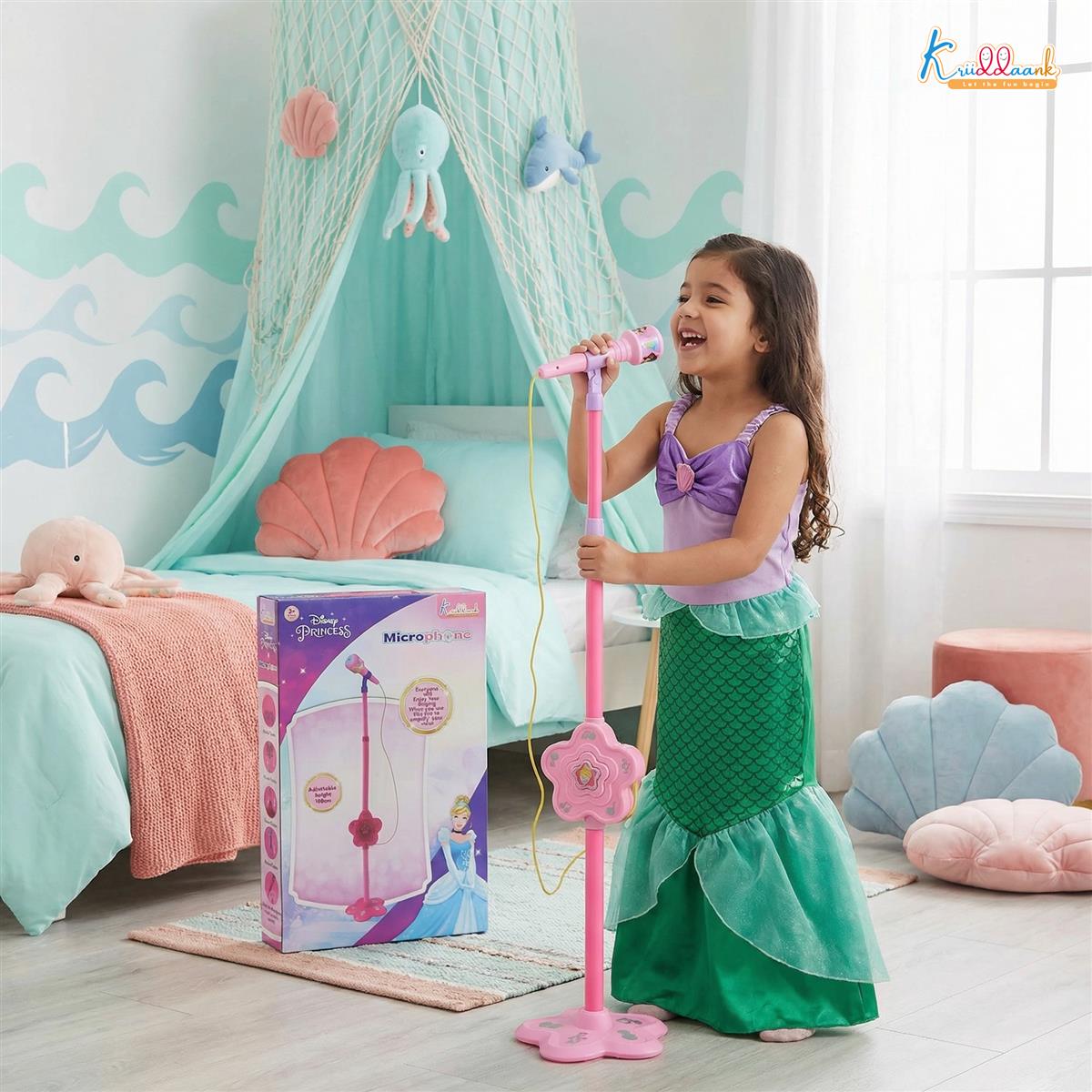 Disney Princess Portable Karaoke Microphone for Kids with Adjustable Stand (Up to 106cm) - Pink Wireless Musical Toy for Girls, Bluetooth & USB Connectivity, Ages 3+
