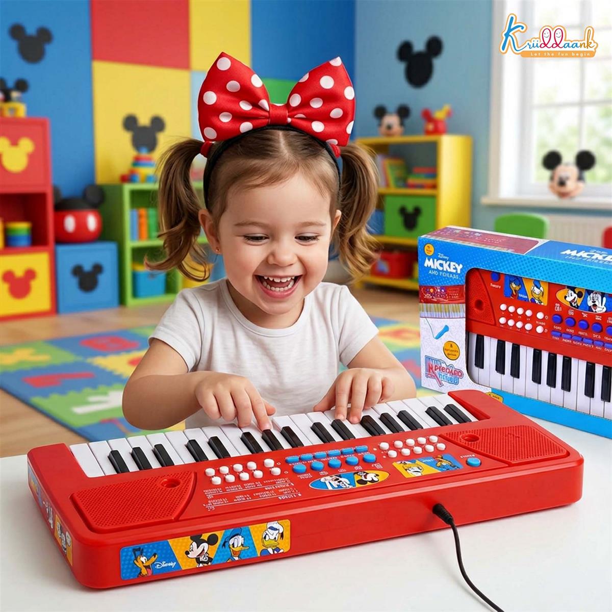 Mickey 37-Key Keyboard Piano for Kids with Microphone | 8 Rhythms & 8 Instrument Sounds, USB & Battery Powered | Musical Educational Toy for Boys & Girls Age 3+ - Red
