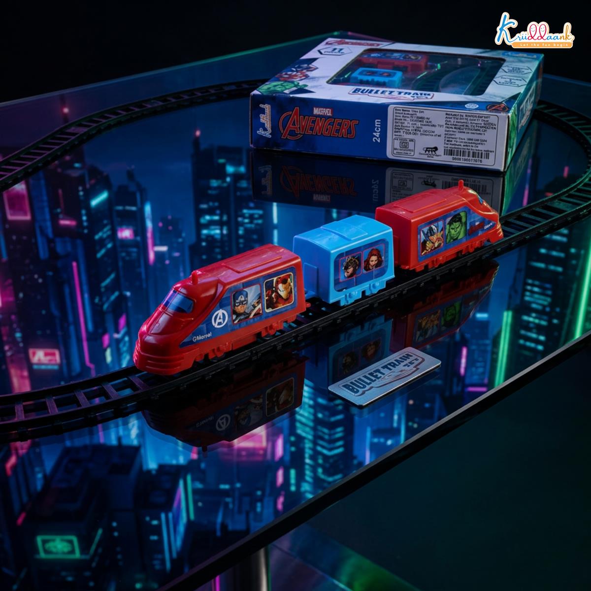 Kriiddaank Marvel Avengers Bullet Train Set for Kids - 11 Pcs Interactive Playset with Iron Man & Captain America, Battery Operated Toy with Sounds & Easy-to-Assemble Tracks, Age 3+