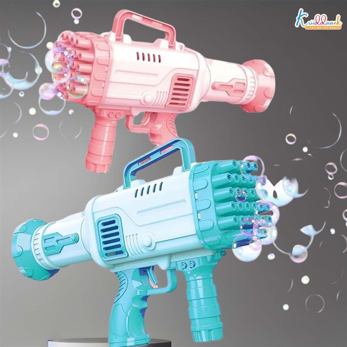 Kriiddank Automatic 36-Hole Bubble Gun Blaster for Kids | Musical Battery Operated Bubble Blower Machine with Solution & Tray | Fun Outdoor Summer Toy & Birthday Gift for Boys & Girls 3+ Years