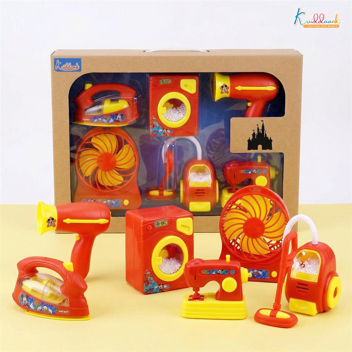 Mickey Mouse 6-Piece Mini Household Toy Set - Battery Operated Washing Machine, Vacuum Cleaner, Sewing Machine, Hair Dryer, Iron & Fan - Interactive Pretend Play Appliances for Kids Ages 3+
