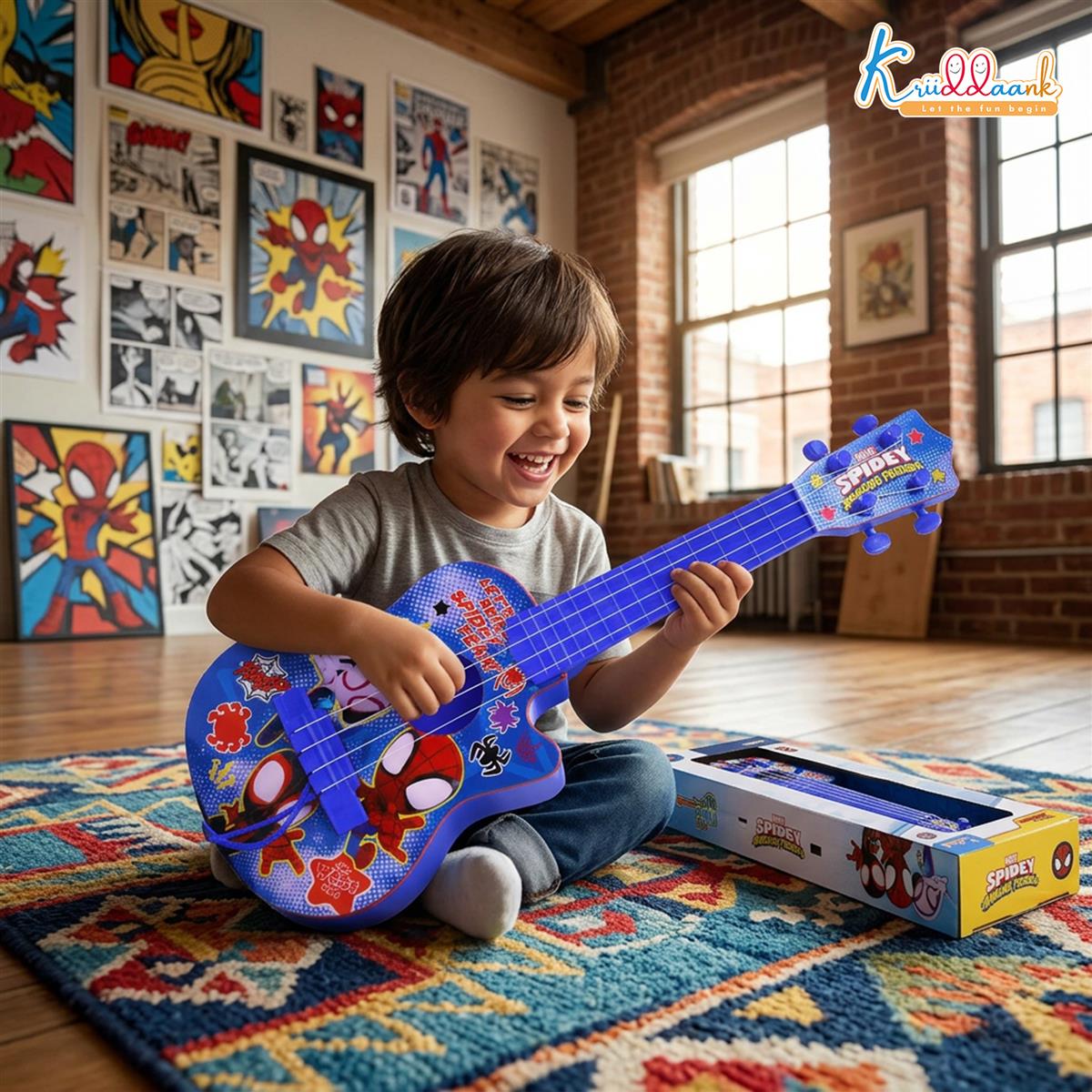 Spiderman 4-String Small Toy Guitar for Kids (3+ Years) - Adjustable String Tension, Fingerstyle Tab & Pick | Educational Musical Instrument for Boys | Portable & Safe Design, Blue