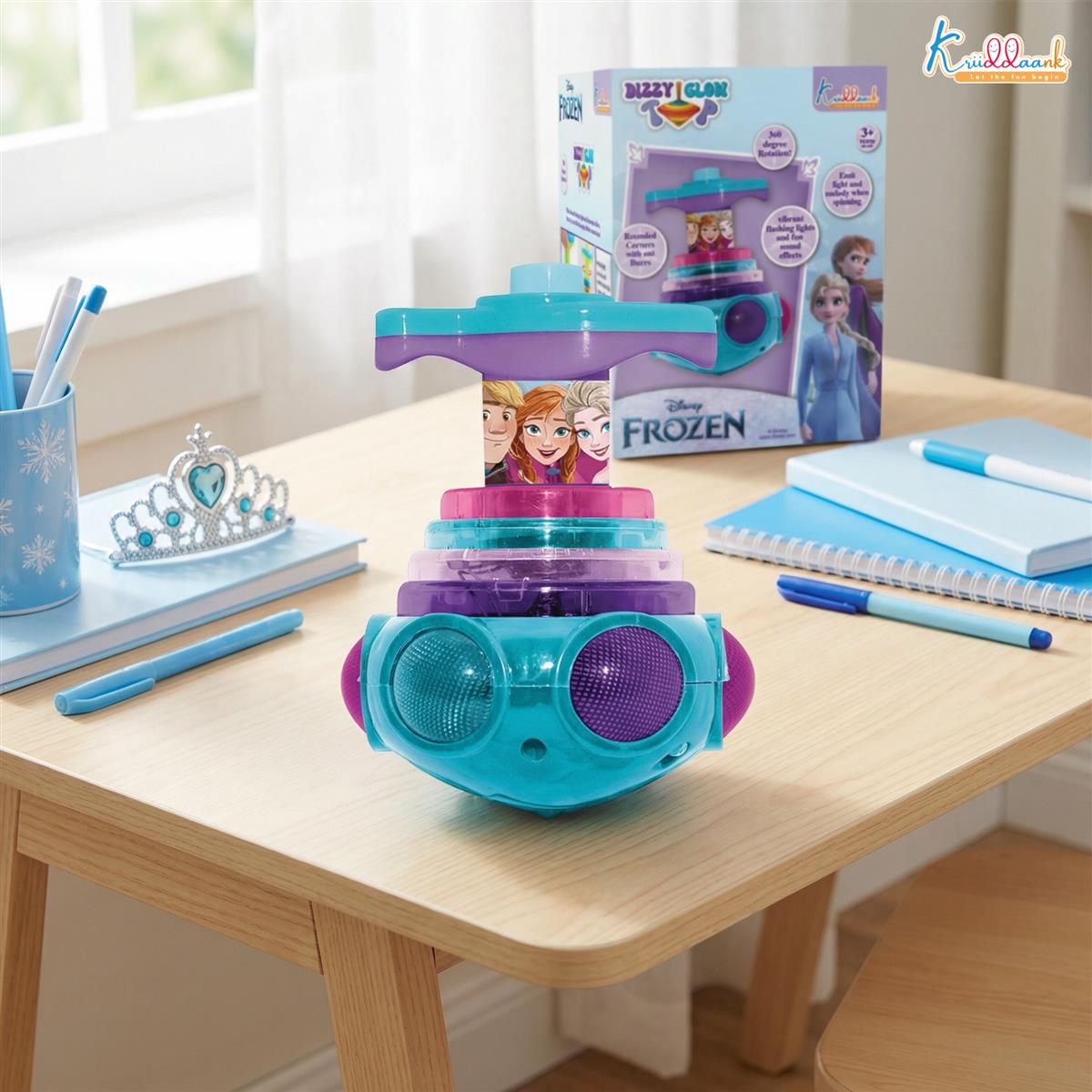 Frozen Dizzy Glow Top - LED Light & Music Spinning Top Toy for Kids, Magic Musical Spinner with 360Â° Rotation, Turkish Blue Frozen Character Toy for Boys & Girls Age 3+, Battery Operated