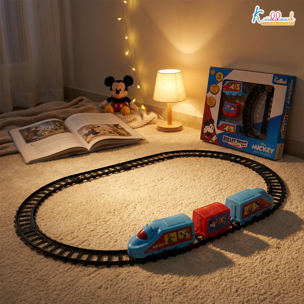 Kriiddaank Mickey Mouse Theme Train Set (11-Piece) - Battery Operated Classic Disney Train with Sound Effects for Kids 3+ - Educational Track Set Toy for Boys and Girls, Easy Assembly
