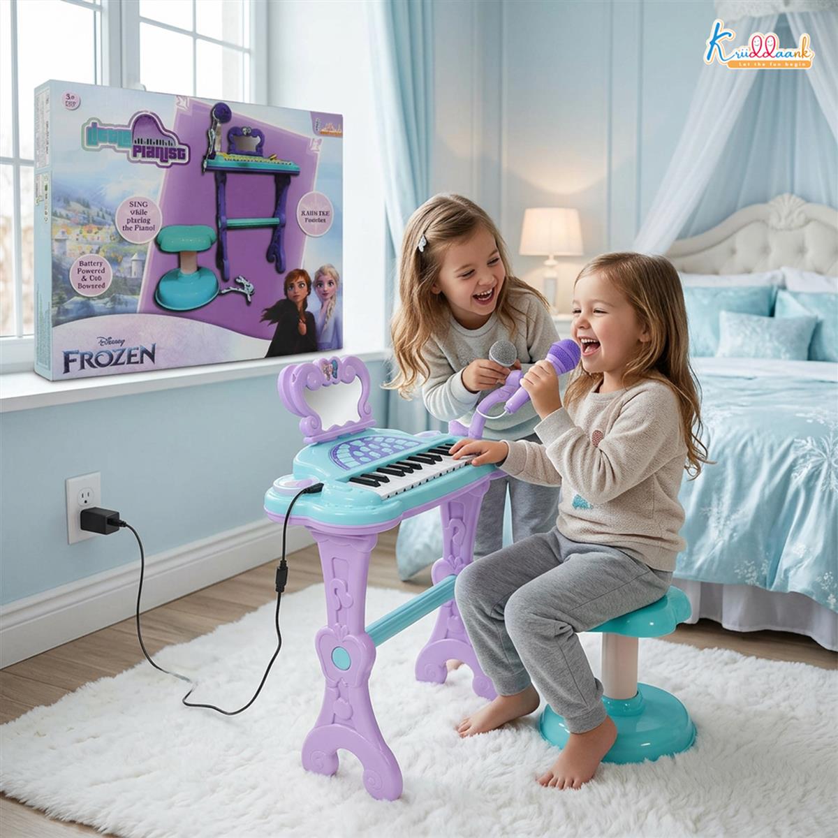 Frozen-Themed Little Pianist Keyboard with Microphone & Stool - 25 Built-in Tunes, Karaoke Function, MP3 Connectivity - Educational Musical Toy for Girls & Toddlers Age 3+ (Turkish Blue)