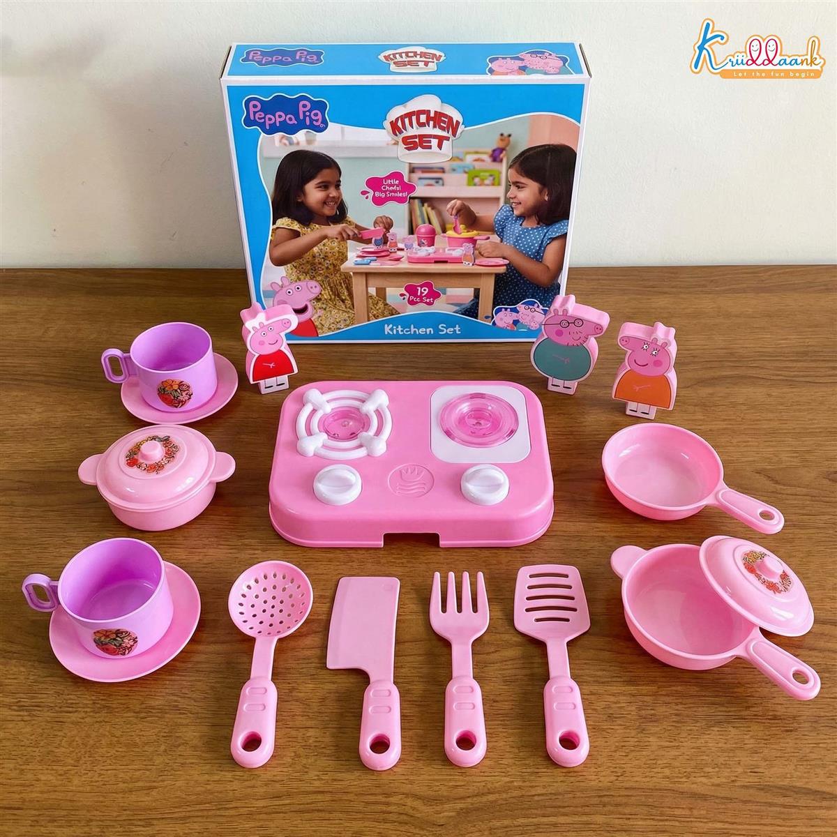 Kriiddaank Peppa Pig Inspired Kitchen Set with 2D Family Figures - 19 Pcs Pretend Play Toy for Kids Ages 3+ | Includes Peppa, George, Mummy & Daddy Pig | Battery Operated Lights, Multicolor