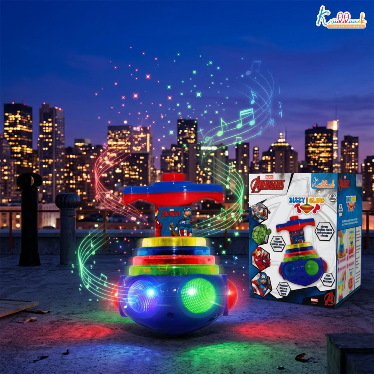 Avengers Dizzy Glow Top - LED Light Up & Musical Spinning Toy for Kids 3+ Years, 360 Degree Rotating Magic Spinner Lattoo with Flashing Lights & Sound, Marvel Avengers Theme, Battery Operated