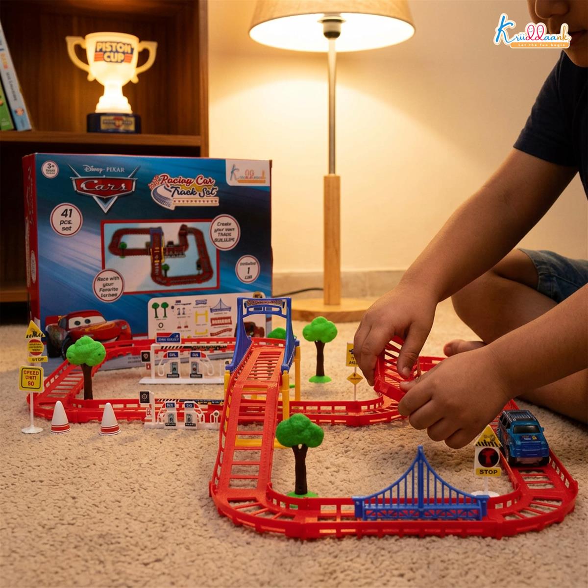 Disney Theme Cars Mini Track Set - 41 Piece Portable DIY Race Track Toy with Diecast Metal Toy Car, Realistic Miniature Collectible Racing Playset for Kids 3+ Years Old