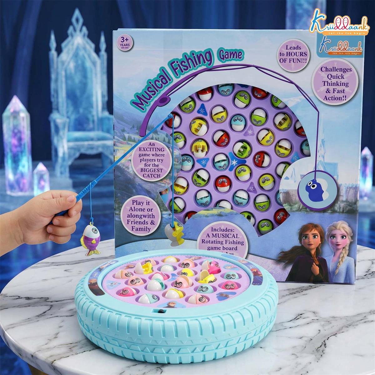 Kriiddaank Frozen Musical Fishing Game - Electronic Rotating Board with 45 Fishes & 4 Poles | Battery Operated Interactive Toy for Kids 3+ | Fun & Educational Multiplayer Game, Turkish Blue