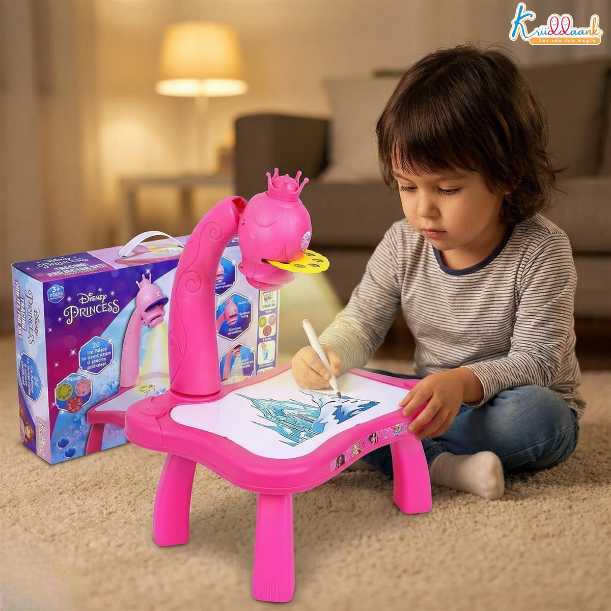 Kriiddaank Disney Princess Tracing Projector for Kids - Drawing Set with 24 Patterns, Stencils & Markers - Creative Art Toy for Girls 3+ Years, Adjustable Focus, Pink Battery Operated Drawing Desk