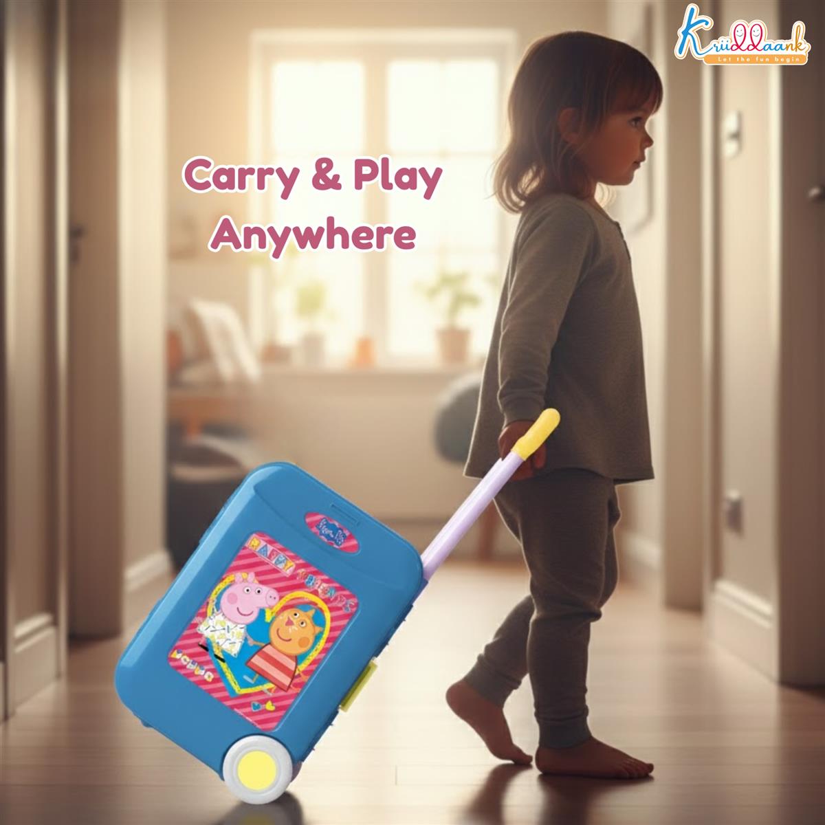 Kriiddaank Peppa Pig Kitchen Set for Girls - 2-in-1 Portable Trolley & Chef Playset with 20+ Accessories, Music & Lights - Educational Pretend Play Cooking Toy for Kids 3+ Years (Pink)