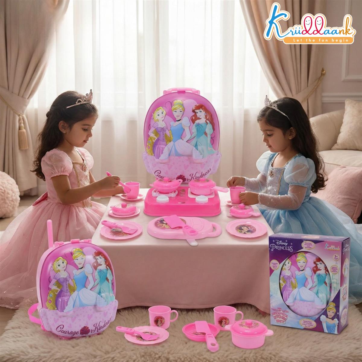Kriiddaank Princess Backpack Kitchen Set for Kids - 21 Pcs Pretend Play Cooking Toy with Music, Portable Travel Carry Case Playset for Girls 3+ Years Old (Pink, Non-Electric)