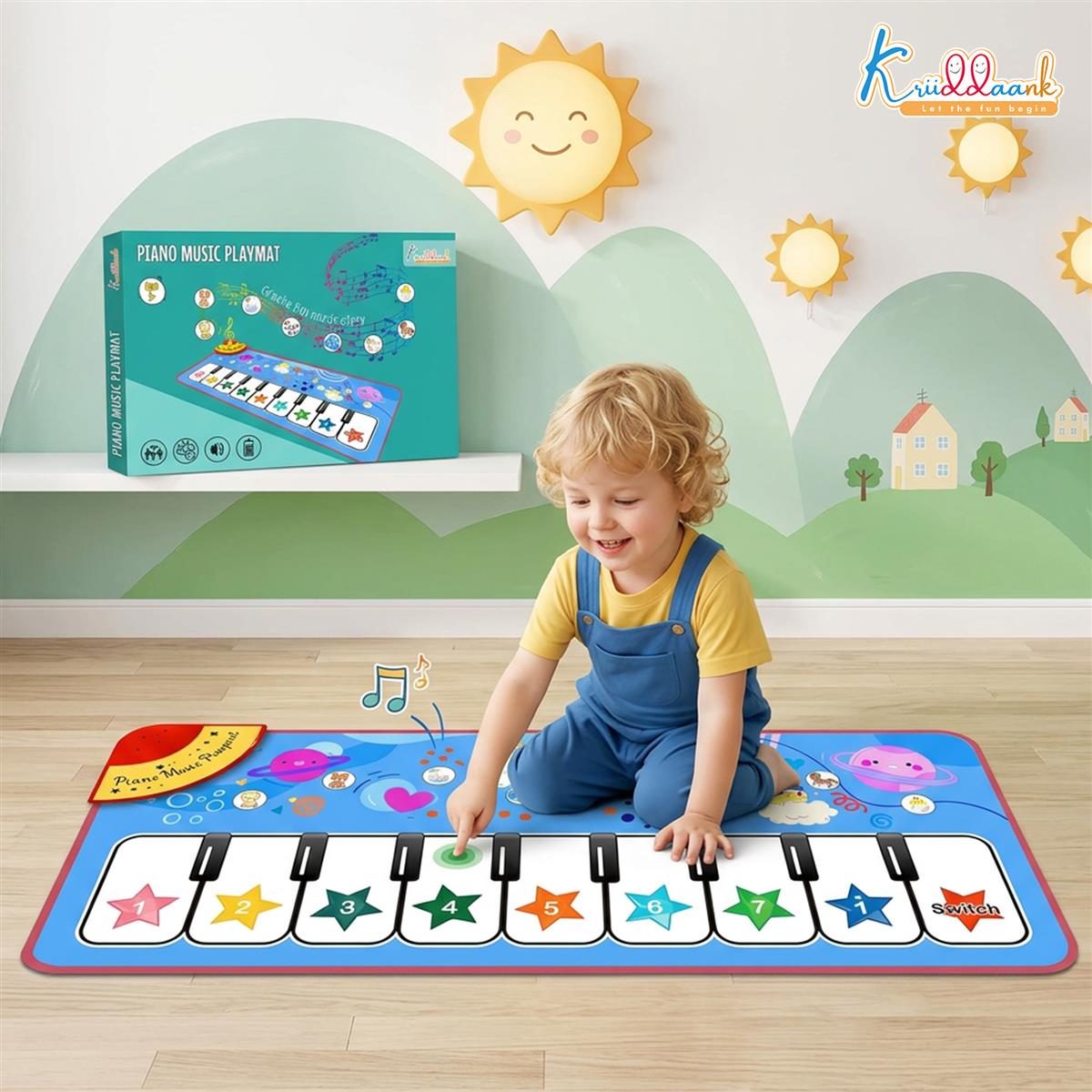 Kriiddaank Piano Music Play Mat for Kids - Interactive Musical Learning & Sensory Development Floor Mat Toy - 8 Piano Keys & 3 Function Keys - Battery Operated Educational Gift for Boys & Girls 3+