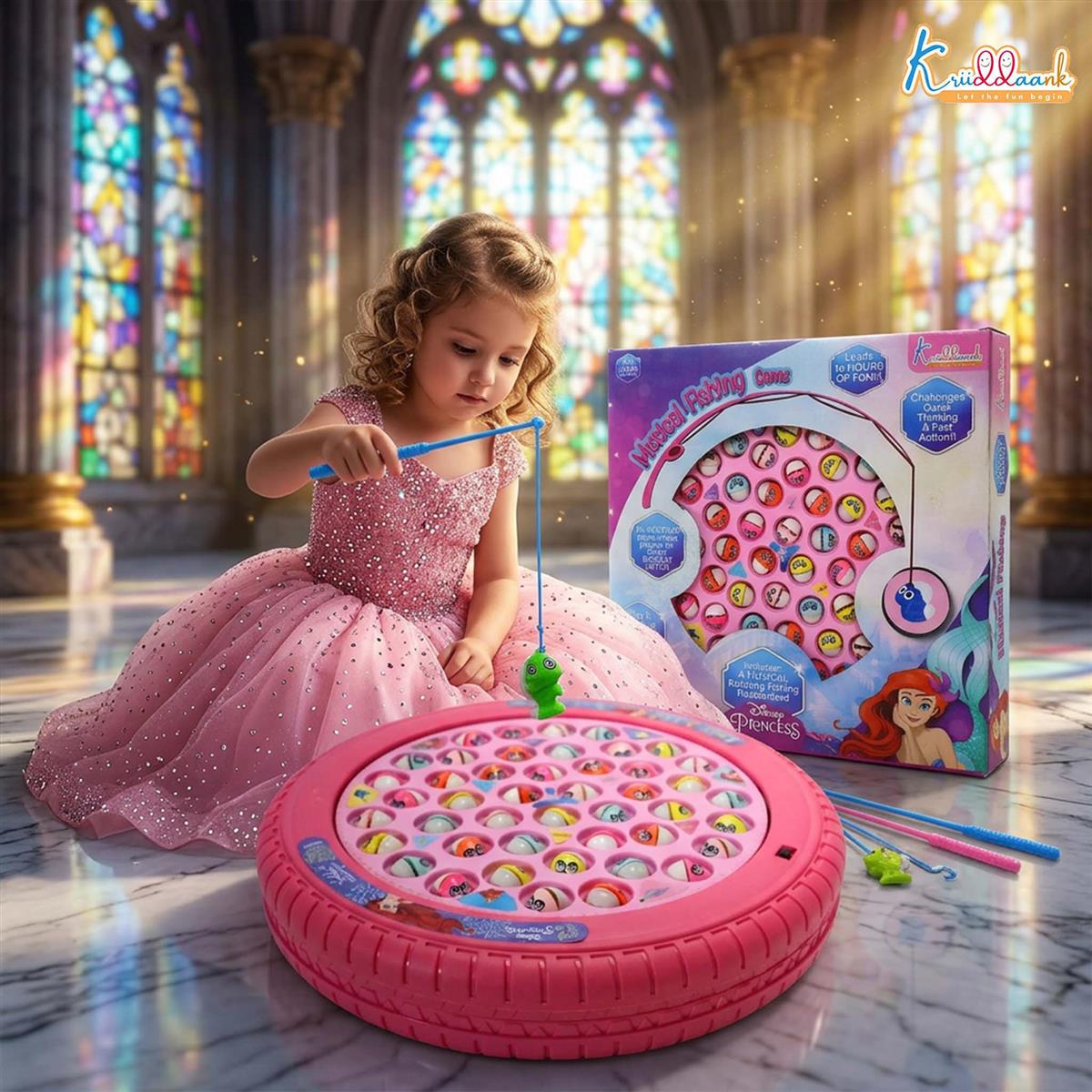 Princess Musical Fishing Game for Kids - Electronic Rotating Board with 45 Fishes & 4 Poles, Pink Ocean Theme Educational Toy, Battery Operated Interactive Fun for Girls & Boys Age 3+