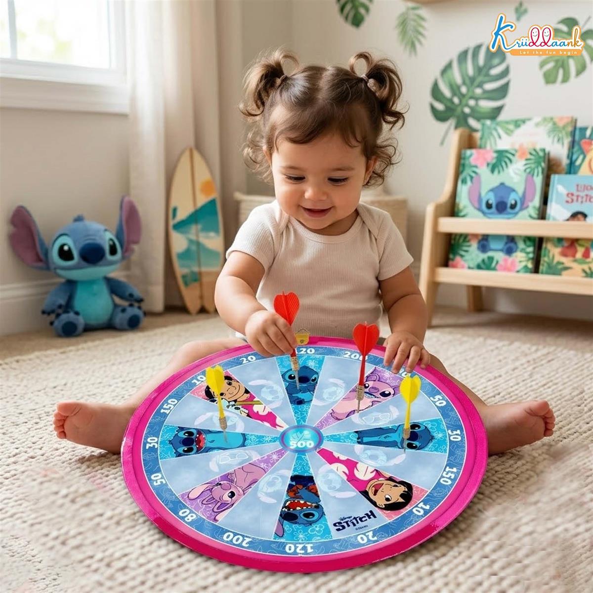 Kriiddaank Stitch 2-in-1 Flip N Play Board Game | Magnetic Dartboard & Ludo Set | Safe Indoor Game for Kids 3+ Years | Includes Magnetic Darts, Dice & Pawns | 34.2cm Double-Sided MDF Board