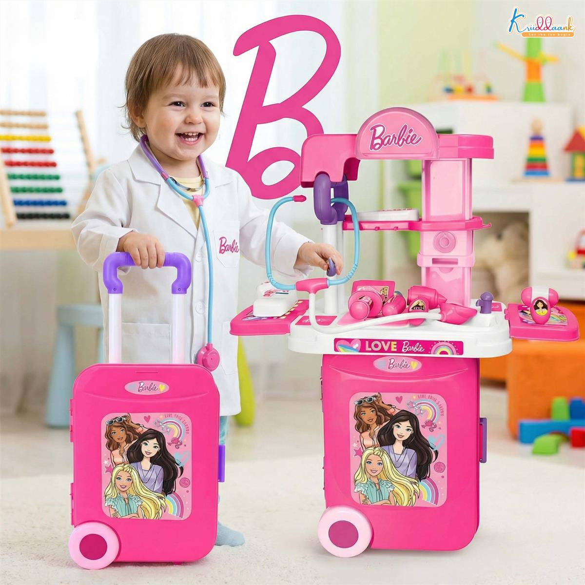 Kriiddaank Barbie Theme Doctor Set - Portable Medical Trolley Playset with Lights, 9-Piece Educational First Aid Kit for Kids 3+, Dreamhouse Role Play Toy, Best Birthday Gift for Girls - Pink