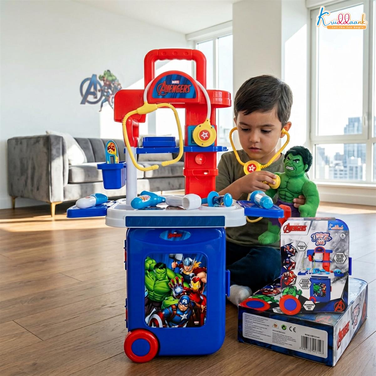 Kriiddaank Marvel Avengers Doctor Set, Portable Medical Trolley for Kids with Stethoscope & Light Effects, 9-Piece Heroic Educational Toy Play Set for Kids Aged 3+, Safe & Engaging Role Play Kit