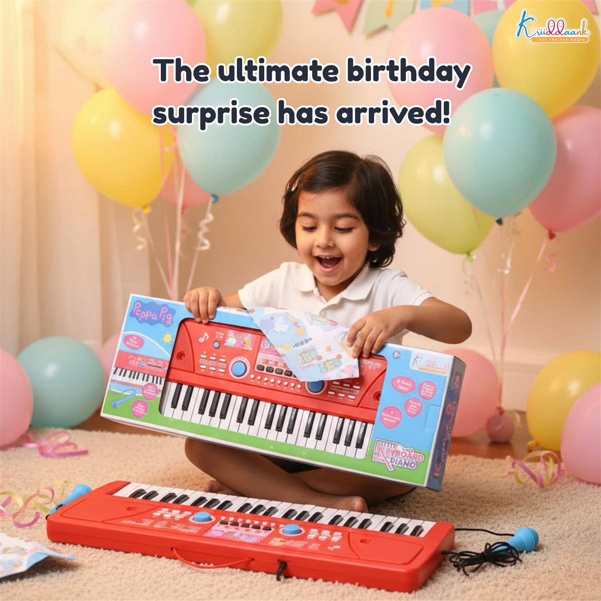 Hasbro Peppa Pig 61-Key Digital Keyboard Piano for Kids - Musical Learning Toy with Microphone, 8 Instrument Sounds, 16 Rhythms, USB & Battery Powered - Pink (KD-500)