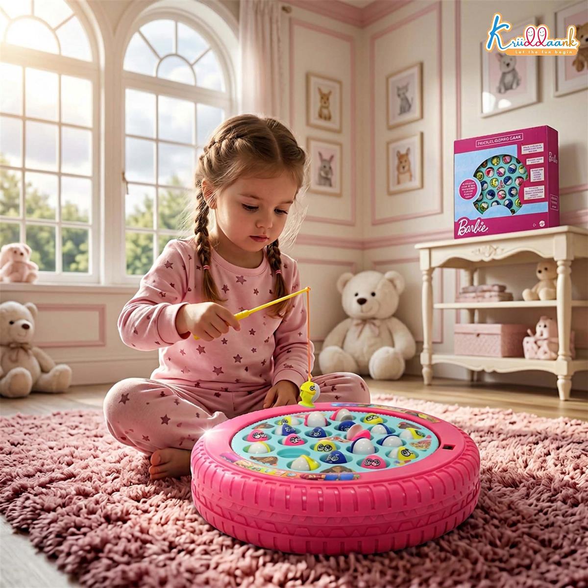 Barbie Musical Fishing Game - Rotating Underwater Adventure Toy for Kids 3+ - Includes 21 Fishes & 4 Fishing Poles - Battery Powered Interactive Pink Game for Girls, Motor Skill Development