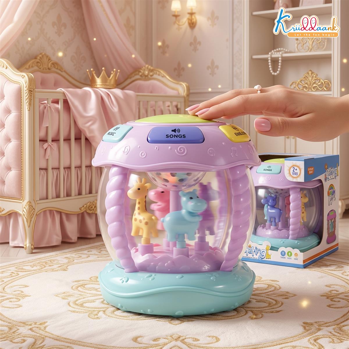 Kriiddaank Rotating Drum Musical Toy for Kids 3+ Years - Interactive Musical Instrument with Nursery Rhymes, Projection Lights, USB Charging, & Motor Skill Development - Multicolor